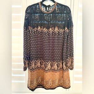 Anthrpologie Brand Deby Debo Chic Black and Brown Paisley Long Sleeve Dress